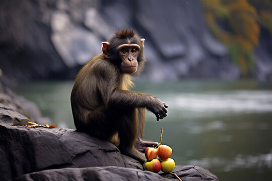 a monkey eating fruit by the river