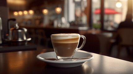 coffee cup on table with coffee shop background in the morning mood collection of beverage, coffee theme