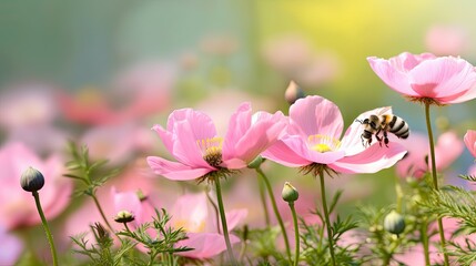 Beautiful pink flowers anemones on meadow and flying bumblebee