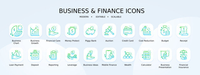Business and finance icon collection with blue and green gradient outline style. interface, isolated, investment, stroke, lined, infographic, graph. Vector Illustration