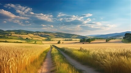 Fototapeta premium Beautiful summer rural natural landscape with fields young wheat