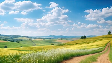 Obraz premium Beautiful summer rural natural landscape with fields young wheat