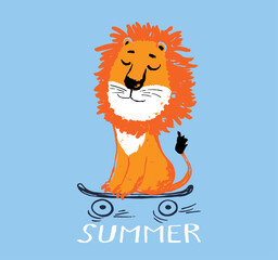 Lion on skateboard funny cool summer t-shirt print design. Skater in skatepark. Slogan. Skate safari animal