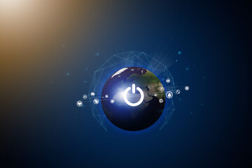 Earth Hour, Ecology and Environment Concept : Blue planet earth in the space with electric power button for Earth Hour Event.
