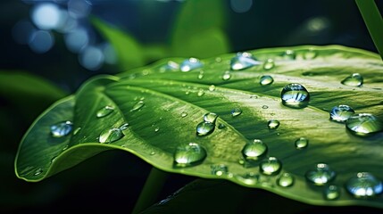 Beautiful water drops after rain on green leaf in sunlight 