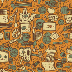 Seamless Pattern with abstract instruments on orange background. Generative AI.