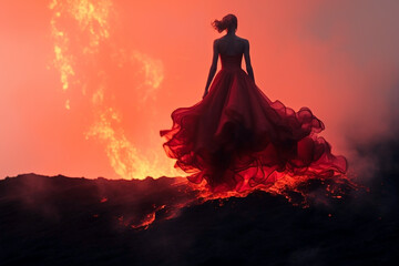Woman in beautiful flowing dress outlined against the power of a volcanic lava flow