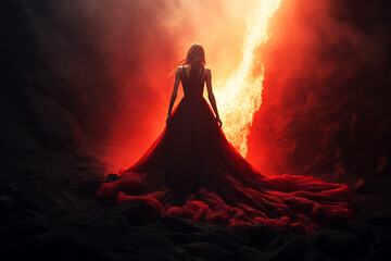 Woman in beautiful flowing dress outlined against the power of a volcanic lava flow, glow, smoke, red