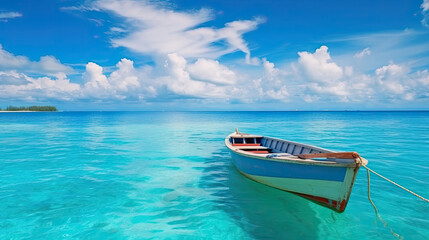 Naklejka na ściany i meble Boat in turquoise ocean water against blue sky