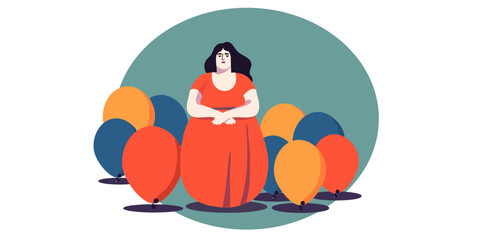 Sad lonely woman among sharts, flat vector illustration