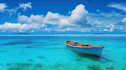 Naklejka na ściany i meble Boat in turquoise ocean water against blue sky