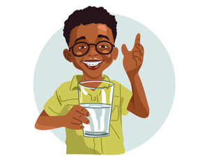  Laughing child in Africa close-up drinks water water from mug of water. Drought, lack of water problem. Flat vector illustration