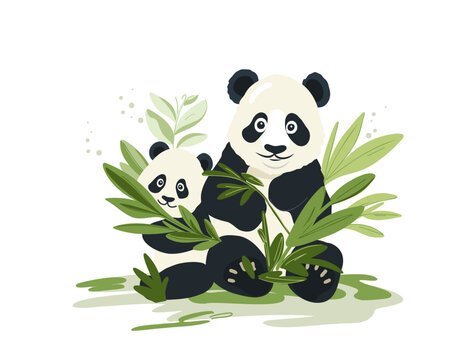 cartoon panda mom and baby with bamboo, vector illustration