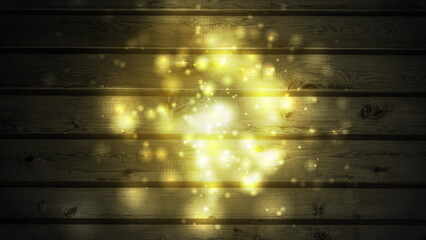 Golden yellow shiny bokeh lights on dark wooden wall design