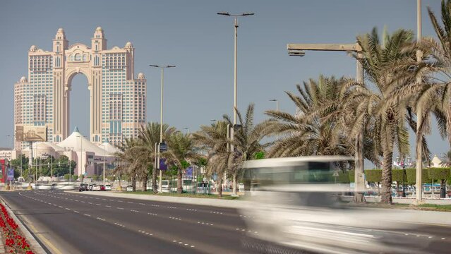 sunny day abu dhabi city famous luxury hotel residence traffic street bay panorama 4k timelapse uae