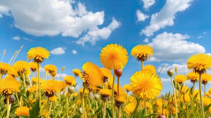 Fototapeta premium Many yellow dandelion flowers on meadow in nature