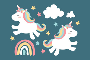 magical cute unicorn with clouds, stars and rainbow, nursery art doodle vector illustration © Sabavector
