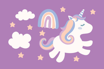 magical cute unicorn with clouds, stars and rainbow, nursery art doodle vector illustration © Sabavector