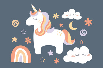 magical cute unicorn with clouds, stars and rainbow, nursery art doodle vector illustration