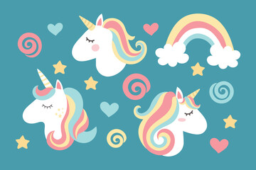 magical cute unicorn with clouds, stars and rainbow, nursery art doodle vector illustration - obrazy, fototapety, plakaty