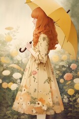Redhead with Yellow Umbrella in Wildflowers - made with generative ai