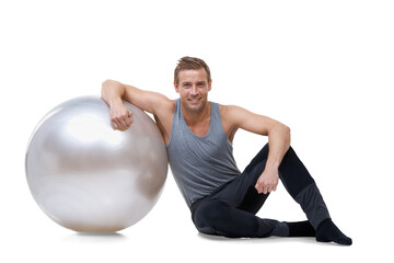 Fitness, portrait and happy man with balance ball, body training and isolated on transparent png...
