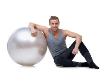 Fitness, portrait and happy man with balance ball, body training and isolated on transparent png background. Pilates, workout and male model for health, wellness and sports motivation with smile.