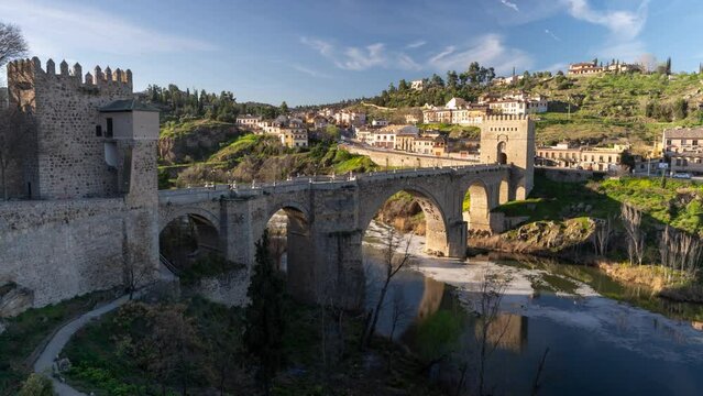 Time Lapse of San Martin's Bridge Puente de San Martín - Medieval Bridge Across the River Tagus in Toledo, Spain