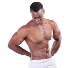 Shower, body and hygiene with a black man shirtless isolated on a transparent background for grooming. Health, fitness and muscle with a happy young male fresh in a towel after cleaning on PNG