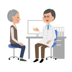 診察室で男性医師に説明を受けるシニア男性