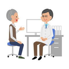 診察室で男性医師に説明するシニア男性