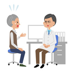 診察室で男性医師に不安を話すシニア男性