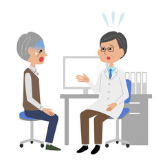 診察室で男性医師に説明を受けてショックを受けるシニア男性