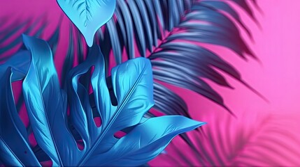 Tropical leaves in bright creative pink and blue colors