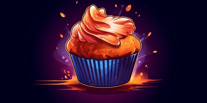 Freshly Baked Muffin Pastry On Dark Background, Horizontal Trendy Illustration. Crusty Pastry, Gourmet Bakery. Ai Generated Bright Trendy Illustration with Aromatic Traditional Muffin Pastry.