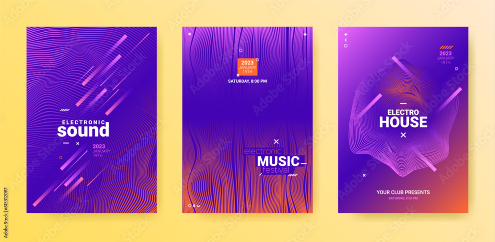 Wall mural electronic music flyers. techno party poster. gradient wave round.