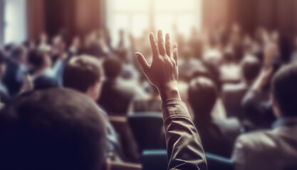  hand raising with blur crowd people.discuss suggestion concepts or voting in  council meeting.cooperation of democracy.generative ai technology