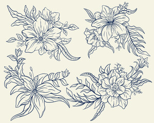 Aesthetics hand drawn floral line art vector collections