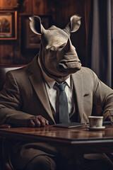A rhinoceros wearing a suit