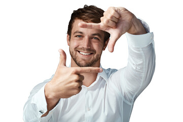 Happy man, portrait and hands in frame for face photo isolated on a transparent PNG background....