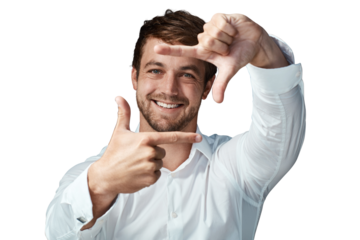 Happy man, portrait and hands in frame for face photo isolated on a transparent PNG background. Male person hand framing smile or selfie for profile picture, photography creativity or capture moment