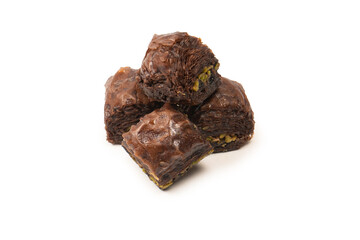 Turkish chocolate baklava isolated on white background.