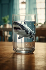 A shark swimming inside a glass of water