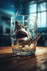 A shark swimming inside a glass of water
