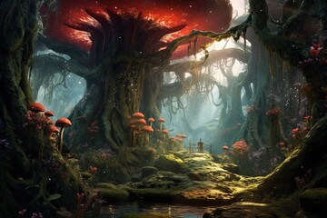 Fantasy landscape with fantasy forest.Generative Ai