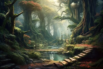 Fantasy landscape with fantasy forest.Generative Ai