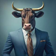 Portrait of a bull in a suit, dressed as a businessman.