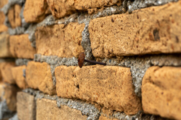 Fototapeta premium Old brickwall background. A nail hammered on red brickwall.
