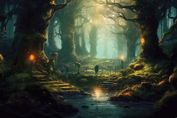 Fototapeta na wymiar Fantasy landscape with fantasy forest.Generative Ai