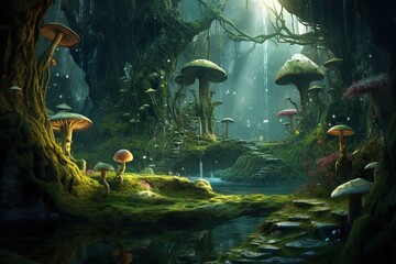 Fantasy landscape with fantasy forest.Generative Ai